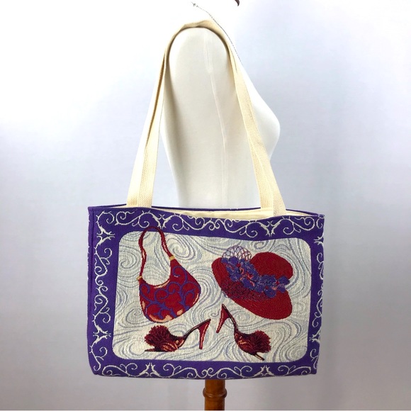 Ivory Purple and Red Hat Purse and Shoes Design Tapestry Canvas Tote Bag - Picture 5 of 12